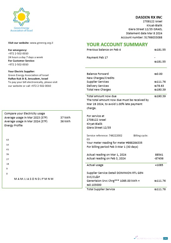 Israel Green Energy Association of Israel business utility bill template in Word and PDF formats